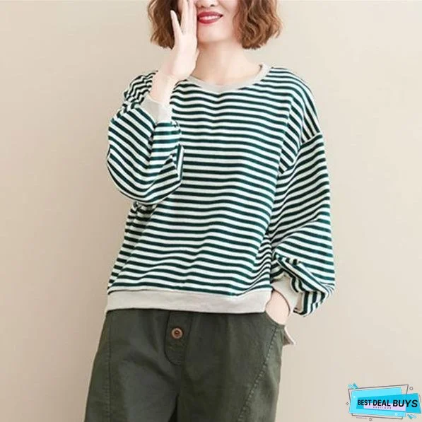 Women Autumn Long Sleeve Cotton Sweatshirt Striped Female Loose Casual Pullovers Hoodies
