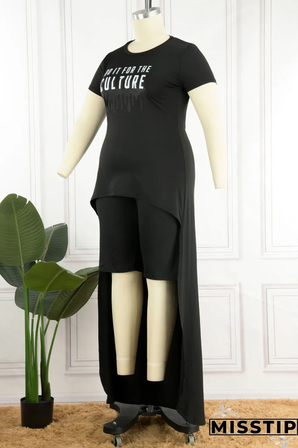 Deep Coffee Casual Print Patchwork Asymmetrical O Neck Plus Size Two Pieces