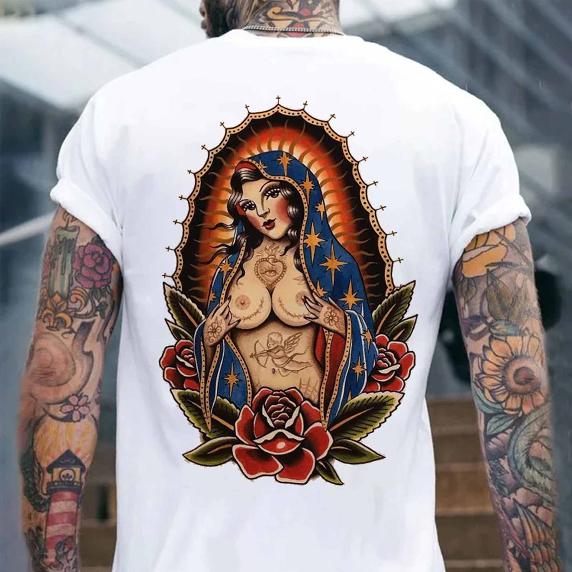 Naked Nun with Tattoo Roses Graphic White Print T-Shirt