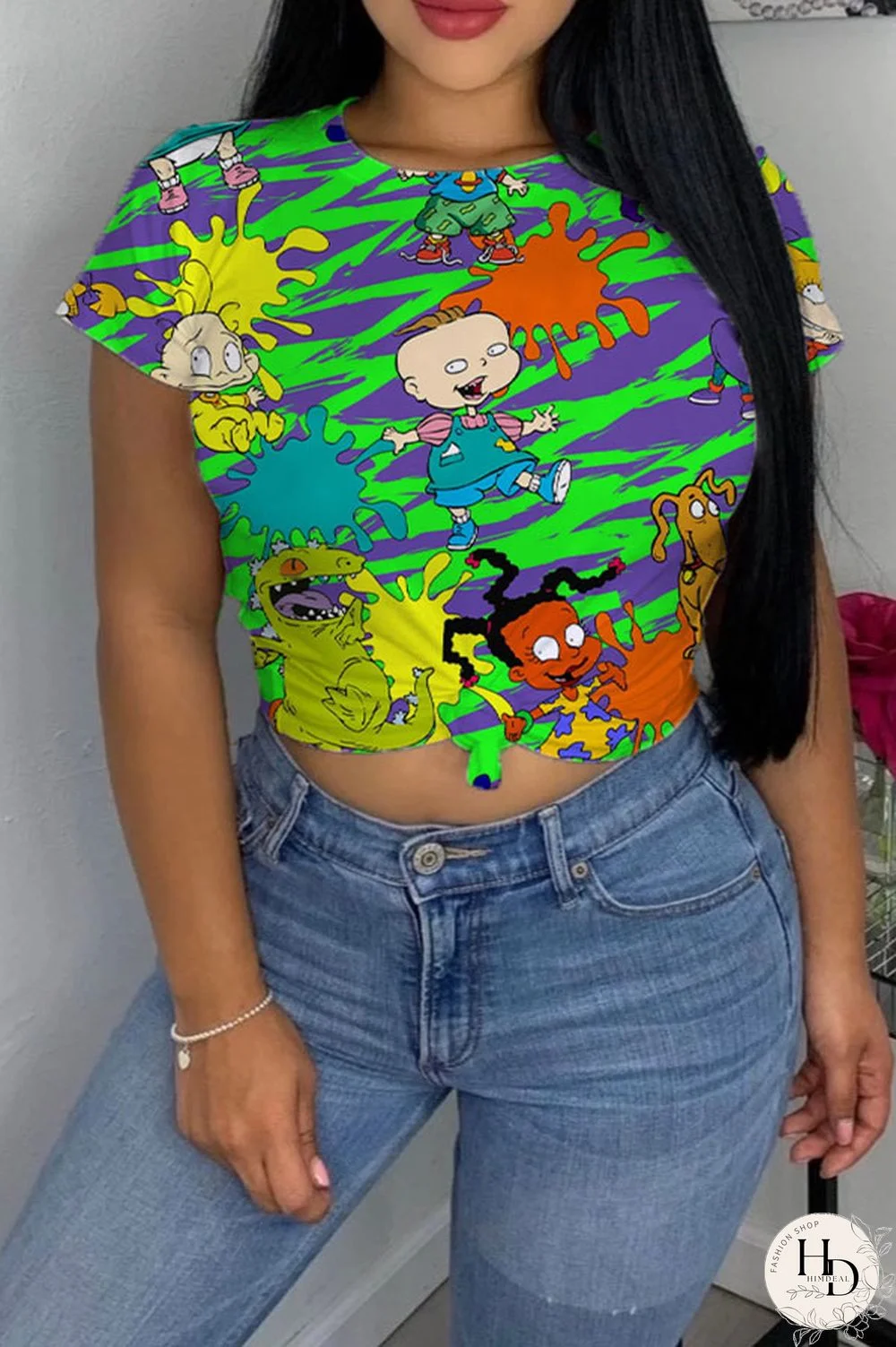 cartoon Green Yellow cartoon Multi-color purple Polyester O Neck Short Sleeve Patchwork Print Character Tops