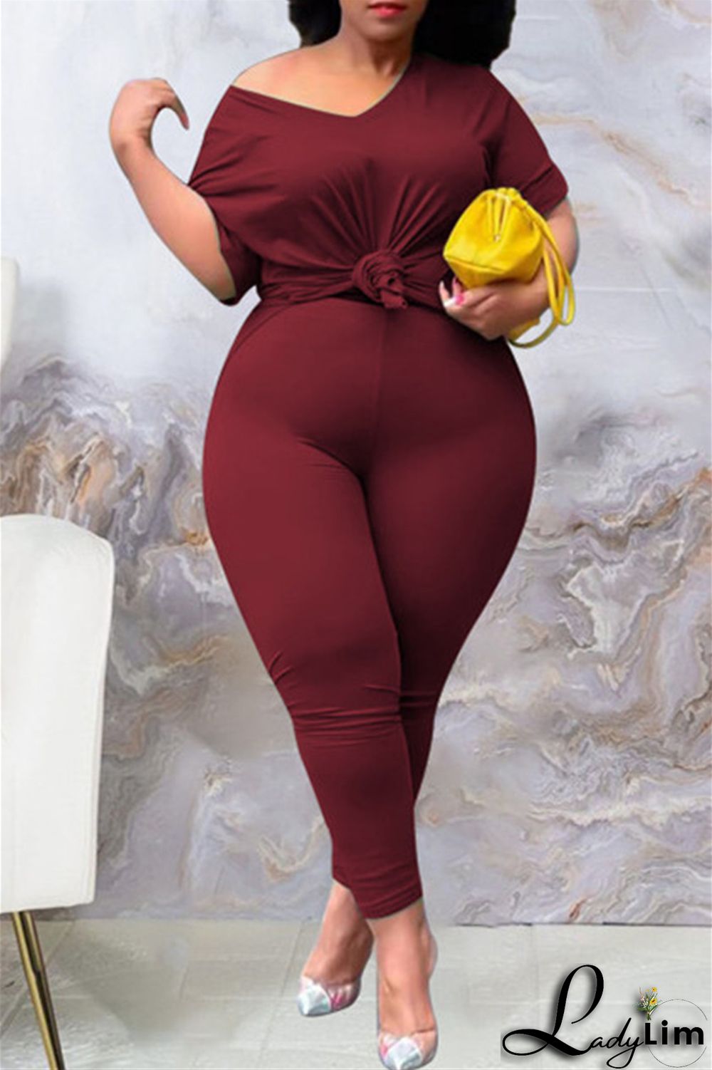 Tibetan Blue Fashion Casual Solid Slit V Neck Plus Size Two Pieces