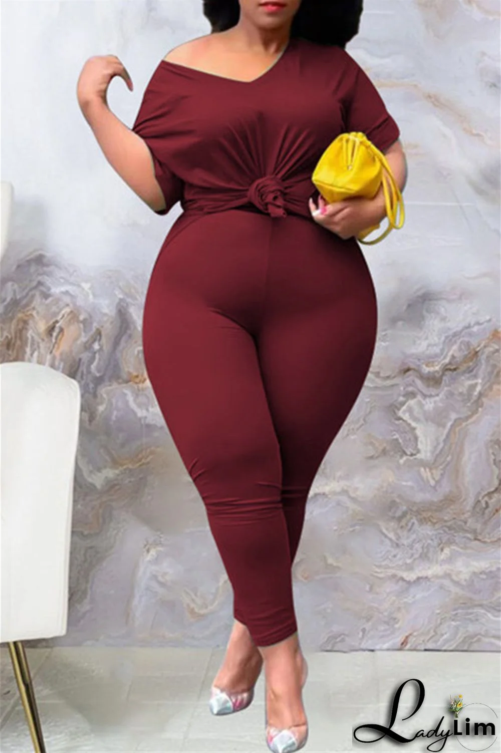 Tibetan Blue Fashion Casual Solid Slit V Neck Plus Size Two Pieces