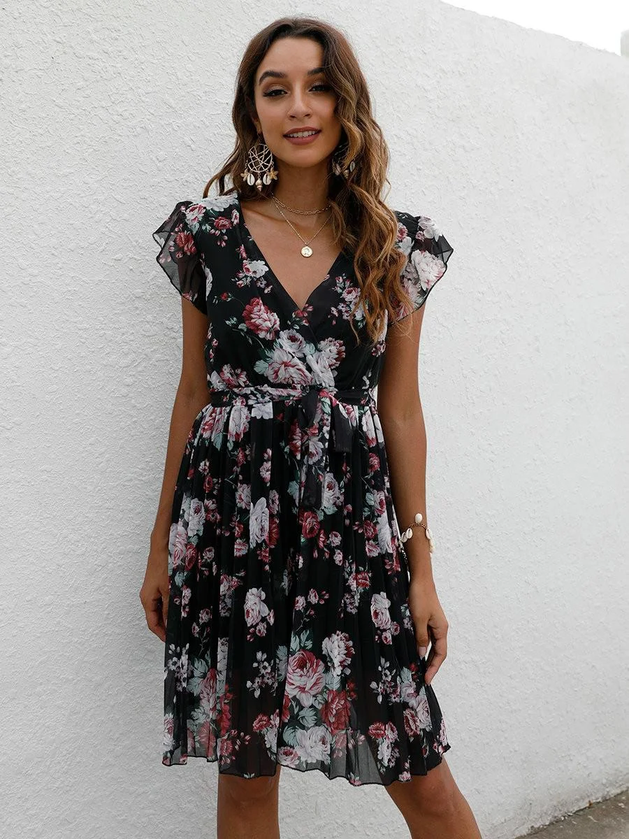 Jangj Women Printed Chiffon Dress Summer 2022 Butterfly Sleeve V-neck Sashes Knee-length Casual Dresses A-line Double Lined Boho Dress