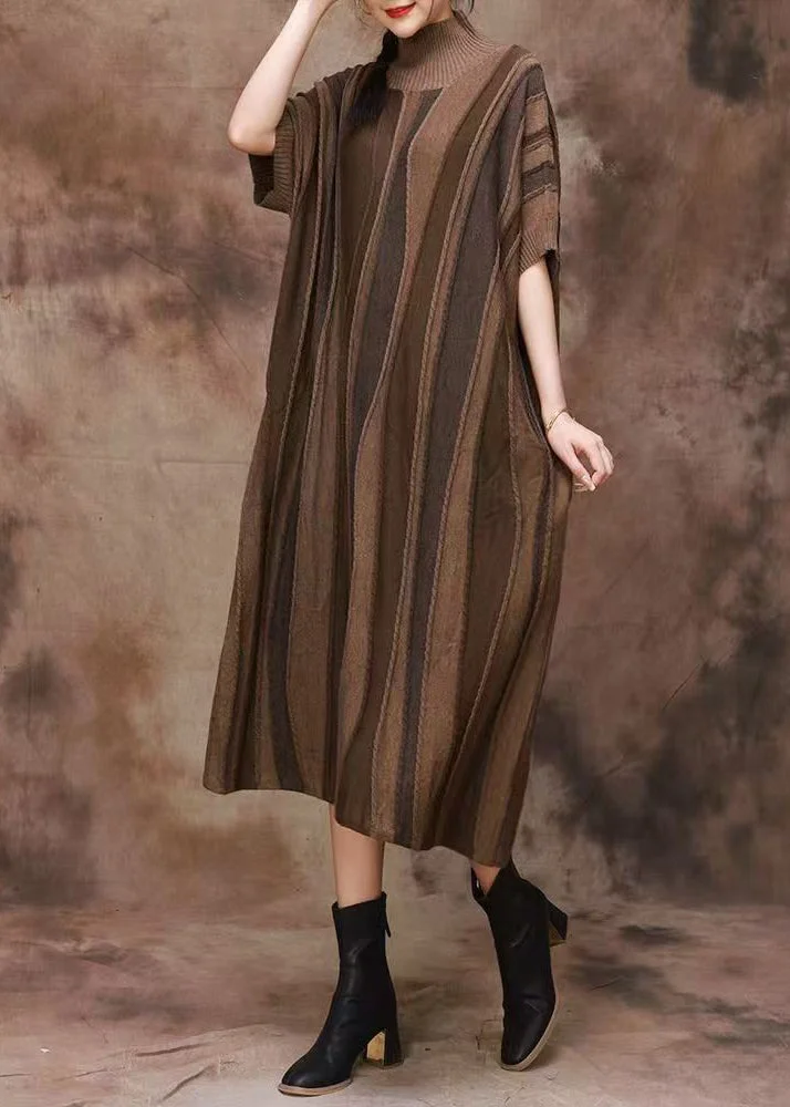 French Coffee Striped Turtleneck Patchwork Cashmere Dress Fall