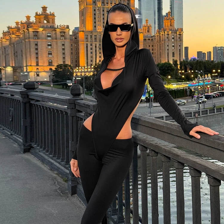 Sexy Cutout Slim-fit Hood Long Sleeve Jumpsuit