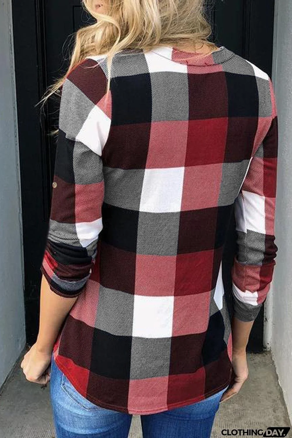 Contrast Plaid V Neck Long Sleeve Top