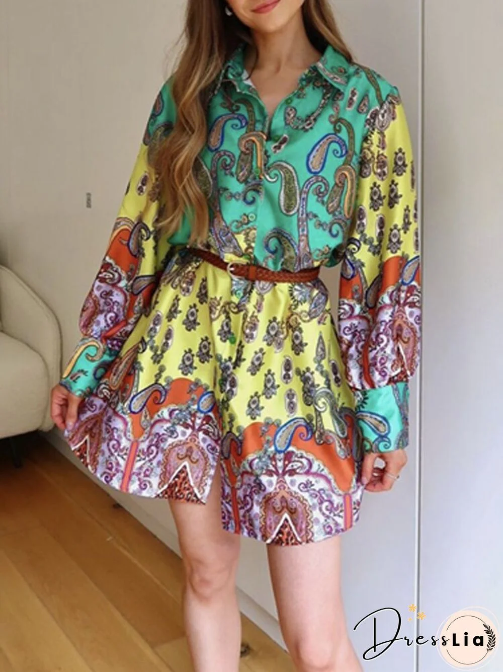 Autumn Print Long Sleeve Lace-Up Mini Dress Fashion New Cute Pattern A-Line Shirt Dress Women Loose Lapel Dresses Vestidos