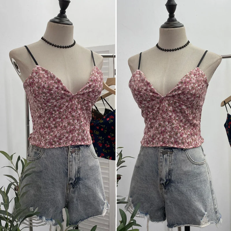 Uveng Real Shooting Hottie Deep V-Neck Broken Flower Short-Sized Hong Kong Wind Sling Female Wear With Chest Cushion Small Waistcoat Sleeveless Top 1727