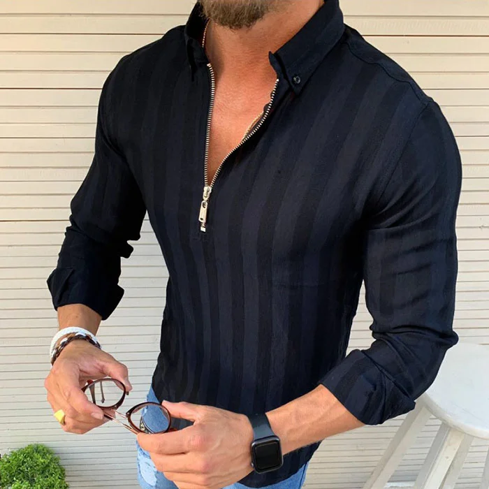 BrosWear Fashion Plain Striped Lapel Zip Long Sleeve Shirt