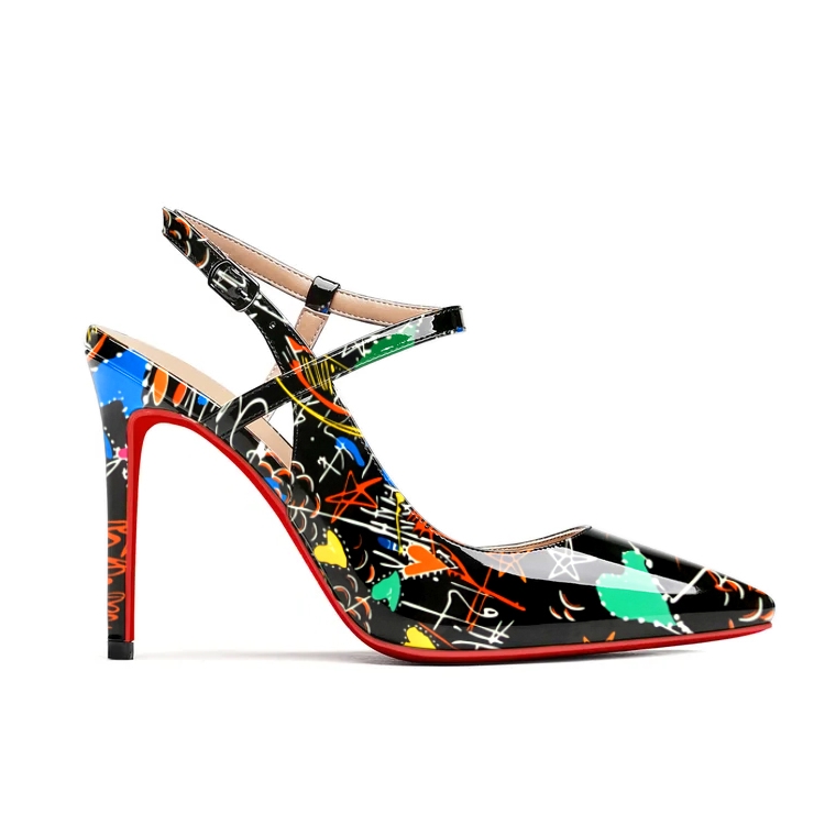 Women's Pointed Toe Fashion Graffiti Print Design Red Bottom Pump Heels-vocosishoes