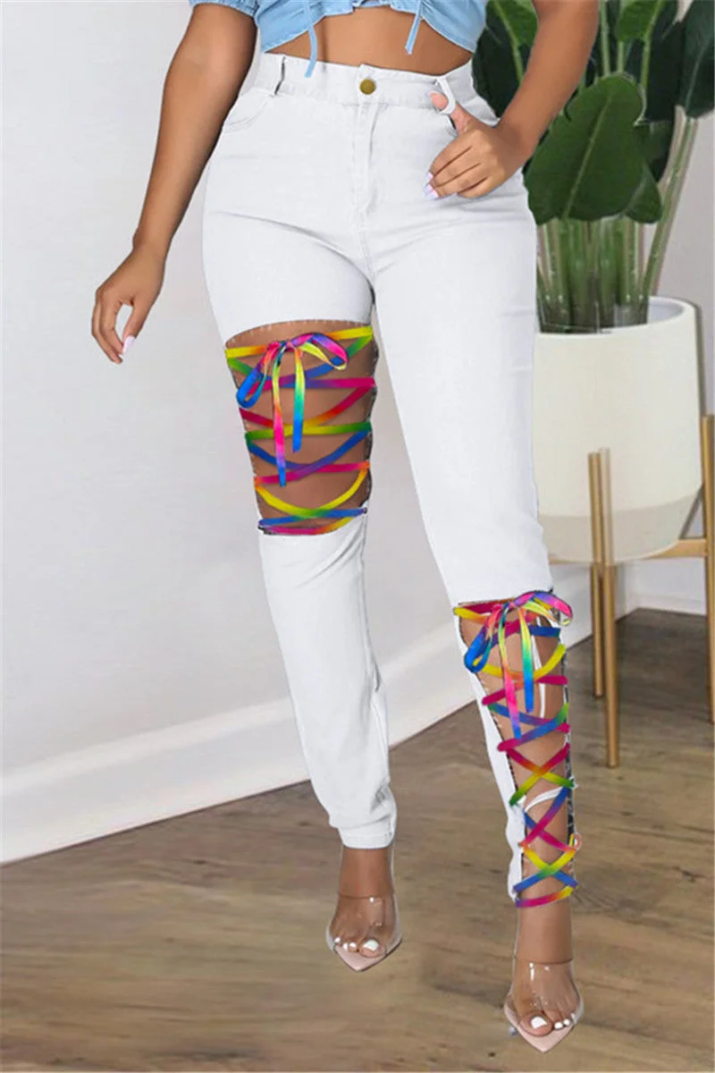 Fashion Casual Solid Bandage Hollowed Out Plus Size Jeans