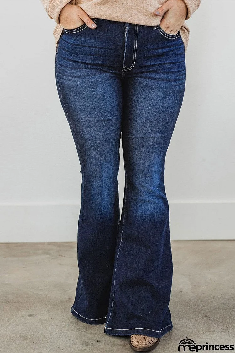 Plus Size Deep Wash Mid-waist Flared Jeans