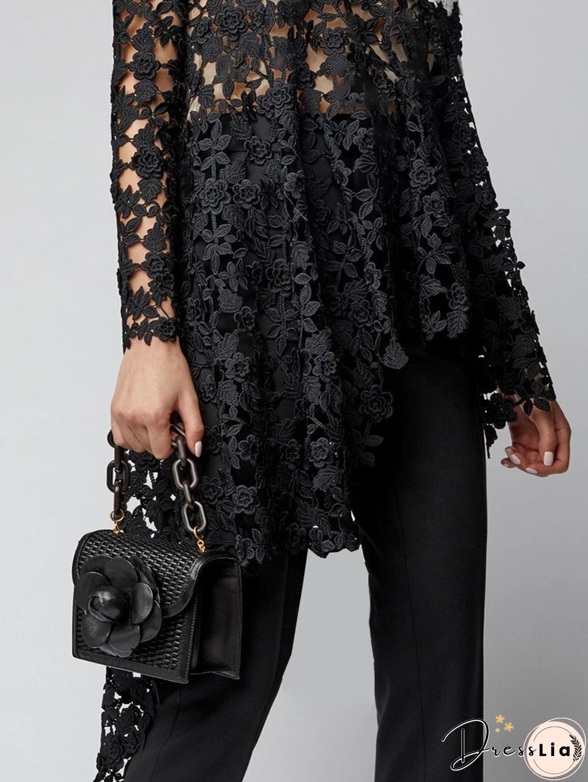 Asymmetrical Top Women Lace Hollow Out Shirt Long Sleeve Irregular Floral Guipure Colorblock Stand Collar Female Loose Blouse