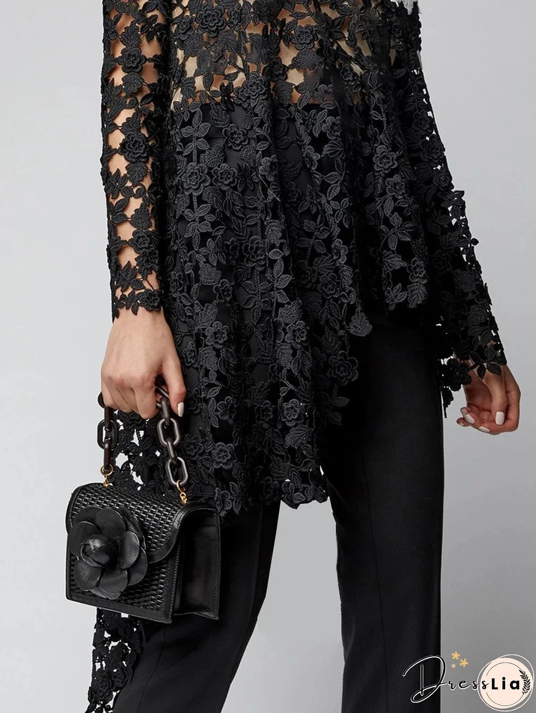 Asymmetrical Top Women Lace Hollow Out Shirt Long Sleeve Irregular Floral Guipure Colorblock Stand Collar Female Loose Blouse