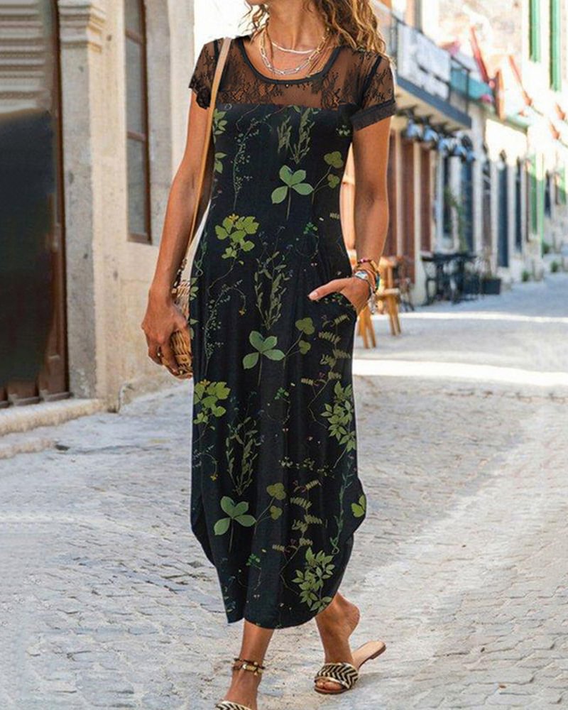 Casual Floral Tunic Long Neck Lace Panel Dress