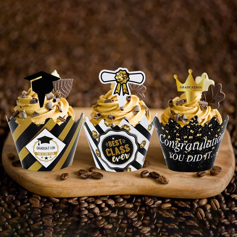 24pcs/set Graduation Party Cupcake Wrappers with Cake Topper Congratulation College Grad Party Decoration Supplies Class of 2022