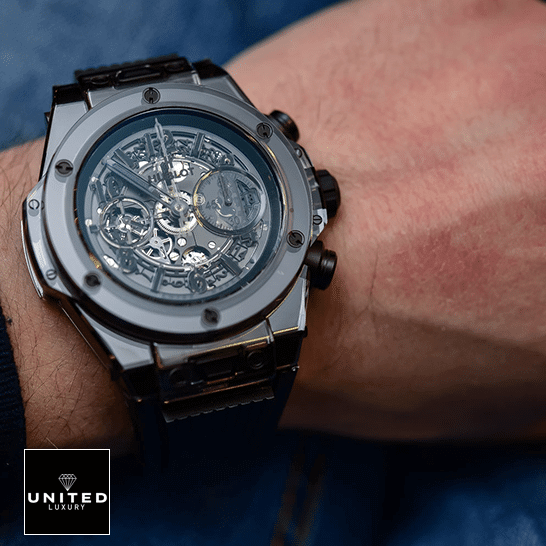 Hublot Big Bang Unico Sapprihe Black Dial Replica on the man wrist