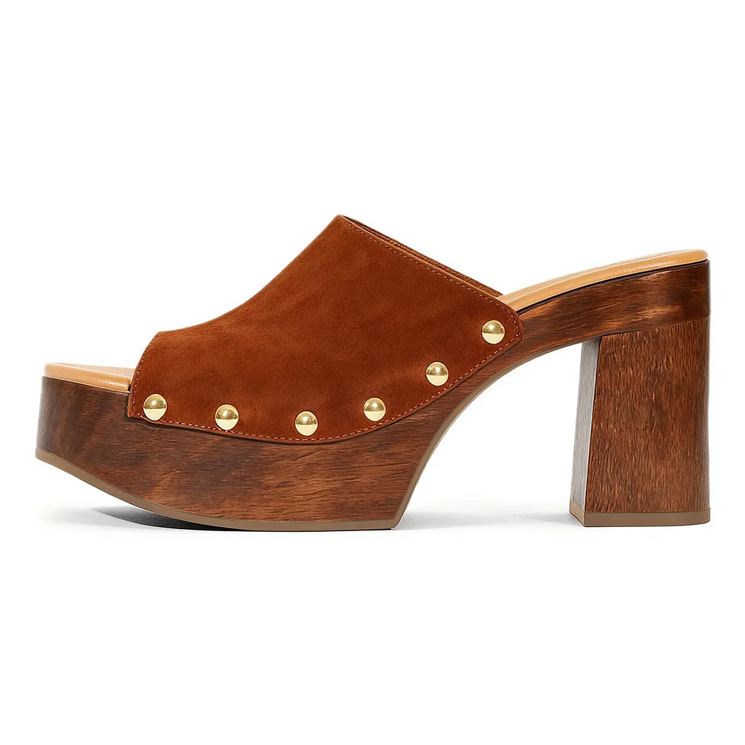 Brown Vegan Suede Open Toe Studded High Heel Mules with Platform