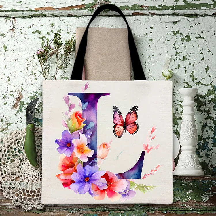 L Flower And Butterfly Combination Printed Canvas Bag-BSTC1260