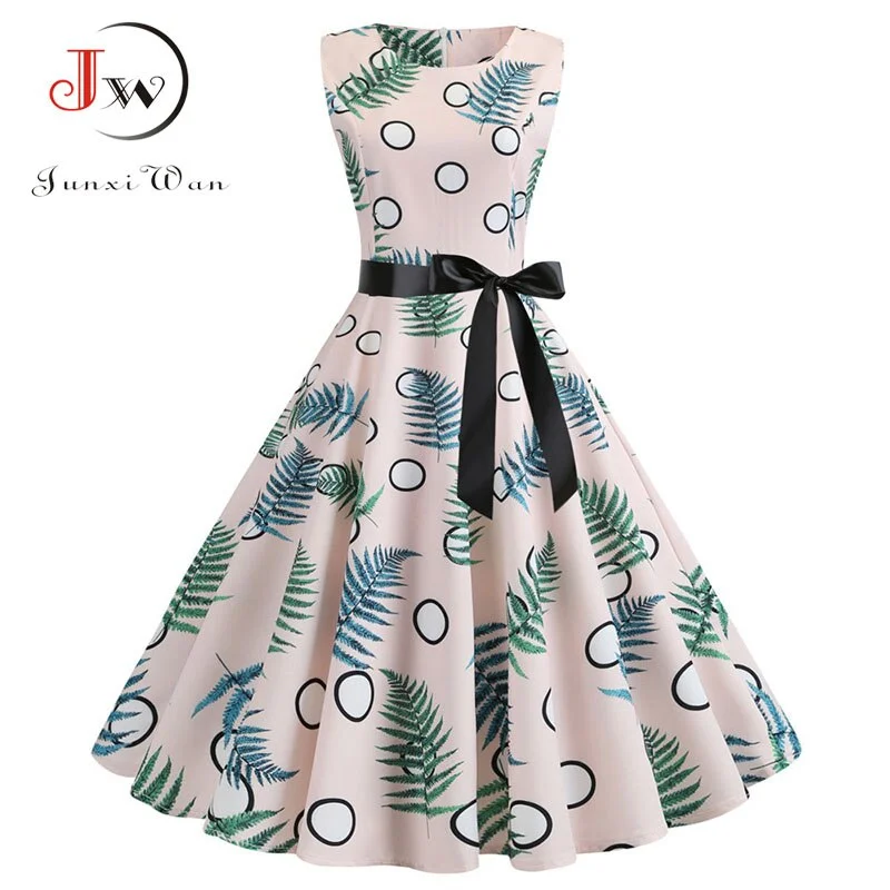 White Floral Print Women Summer Dress Sleeveless Elegant Vintage Party with Belt 50s 60s Robe Femme Casual Midi Dress