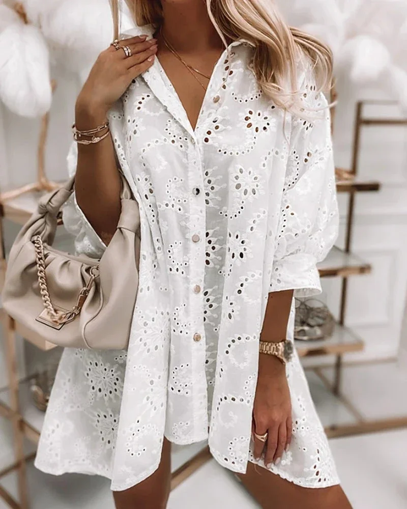 Solid Color Hollow Single-Breasted Long Shirt Dress