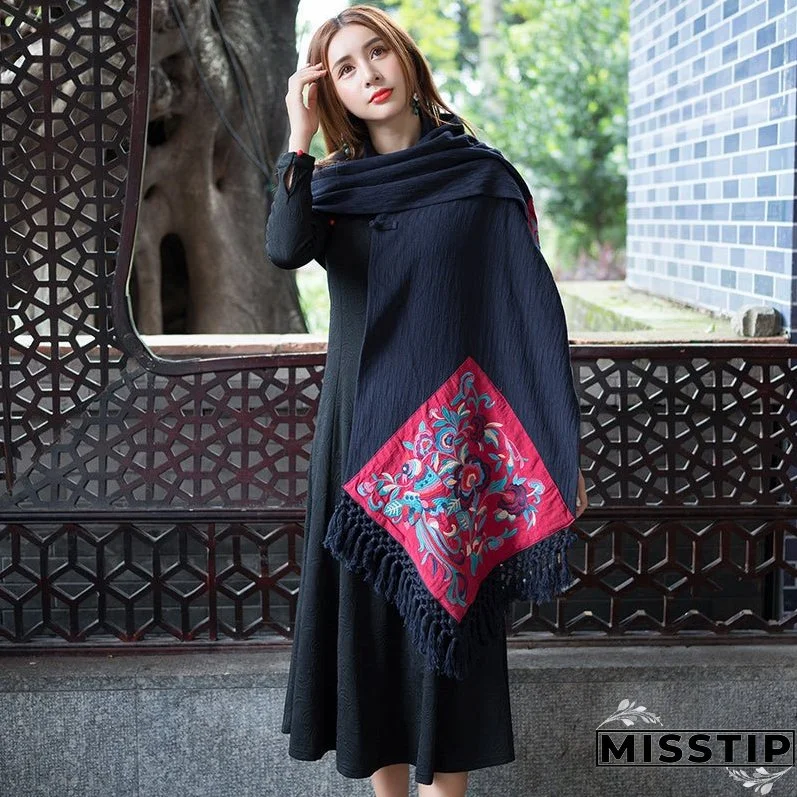 New Cotton and Linen Embroidered Cheongsam Scarf, Shawl, Dual-use, Vintage Style Scarf