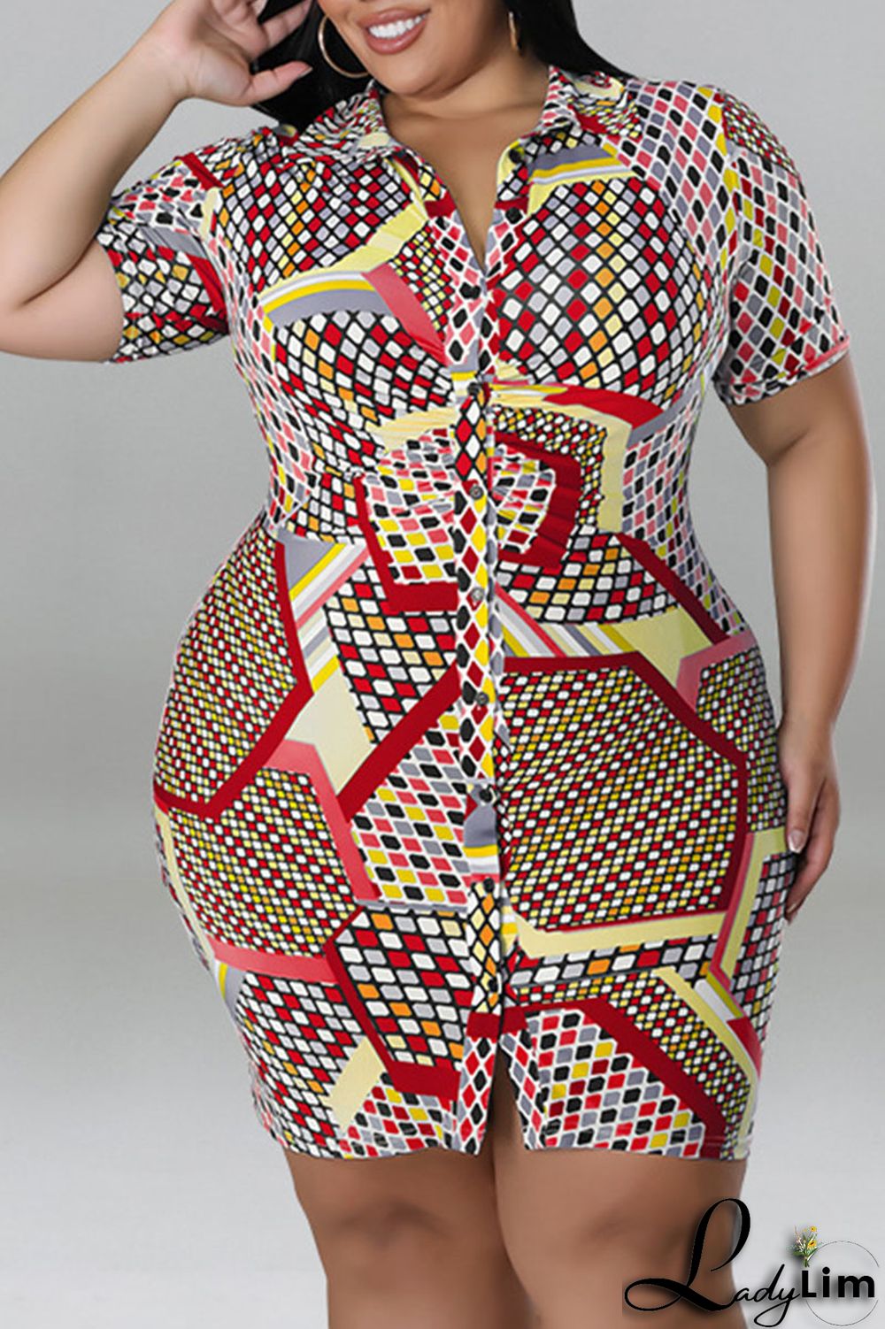 Blue Casual Print Patchwork Buckle Turndown Collar Shirt Dress Plus Size Dresses