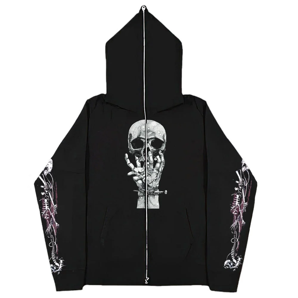 Hip Hop Skull Print Full Zip Up Hoodie Goth Loose Zipper Sweatshirt