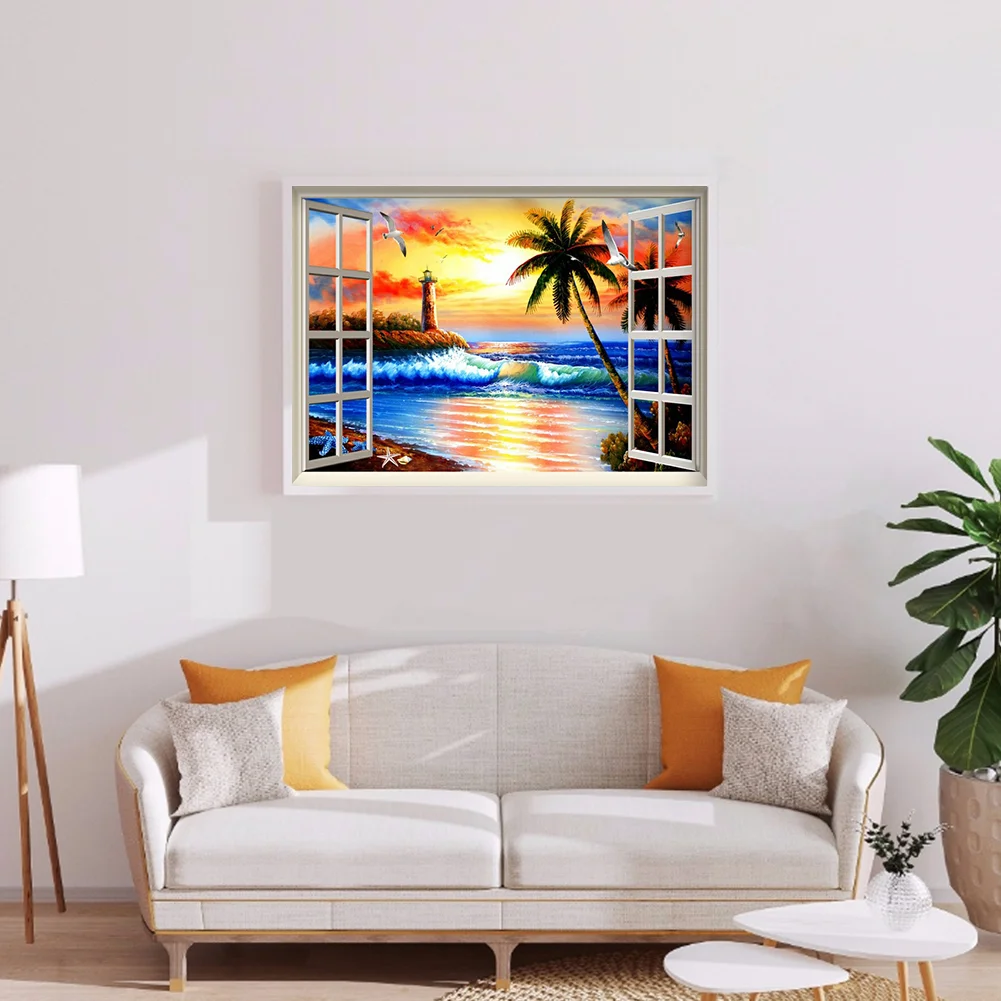 Diamond Painting - Full Round Drill - Sunset Window Beach(40*30cm)