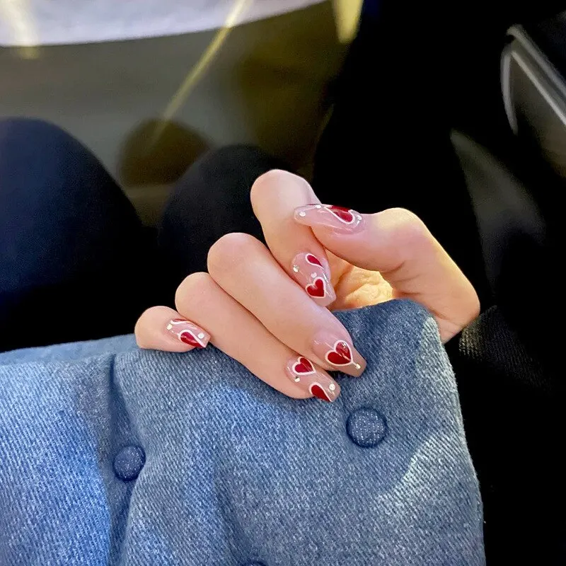 Red Heart Full Cover Coffin Fake Nails 24Pcs Cute Press on Nude Ballerina False Nail Acrylic Art Nail Tips for Women and Girls-Nail Inspo