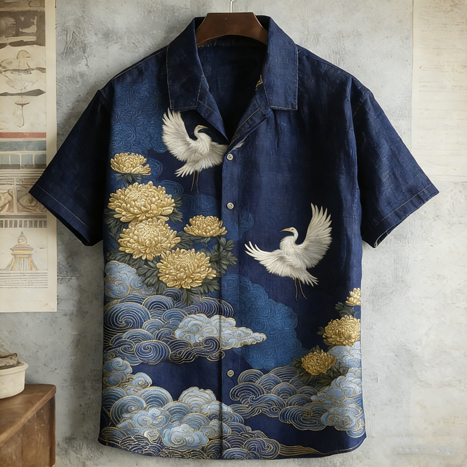 Japanese Art Retro Plant Flower And Crane Pattern Men's Short Sleeve Shirt  artssus