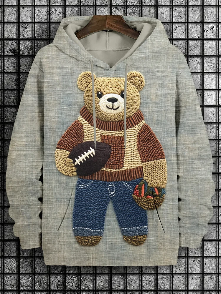 Men's Rugby Football Bear Embroidery Print Casual Hoodie