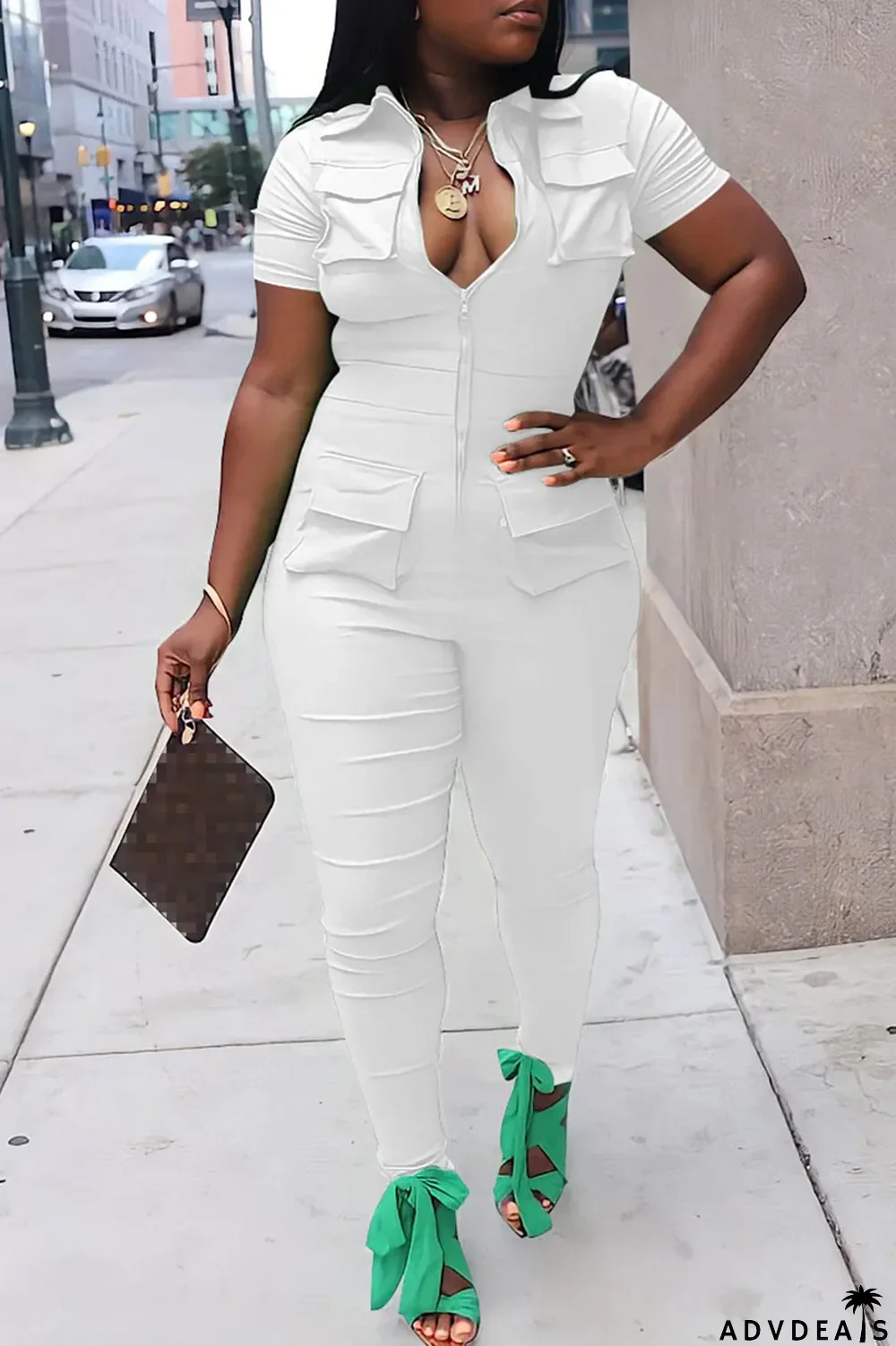 Army Green Street Solid Patchwork Pocket Zipper Collar Skinny Jumpsuits