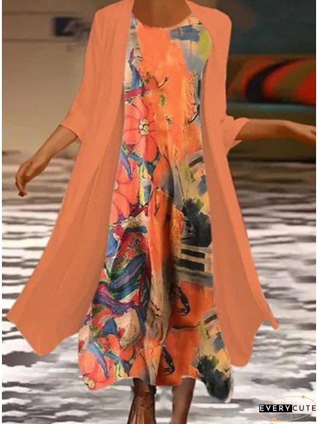 Women's Dress - Dress Set Two Piece Dress Church Dress Midi Dress Orange 3/4 Length Sleeve Floral Print Summer Spring Crew Neck Fashion S M L XL XXL 3XL