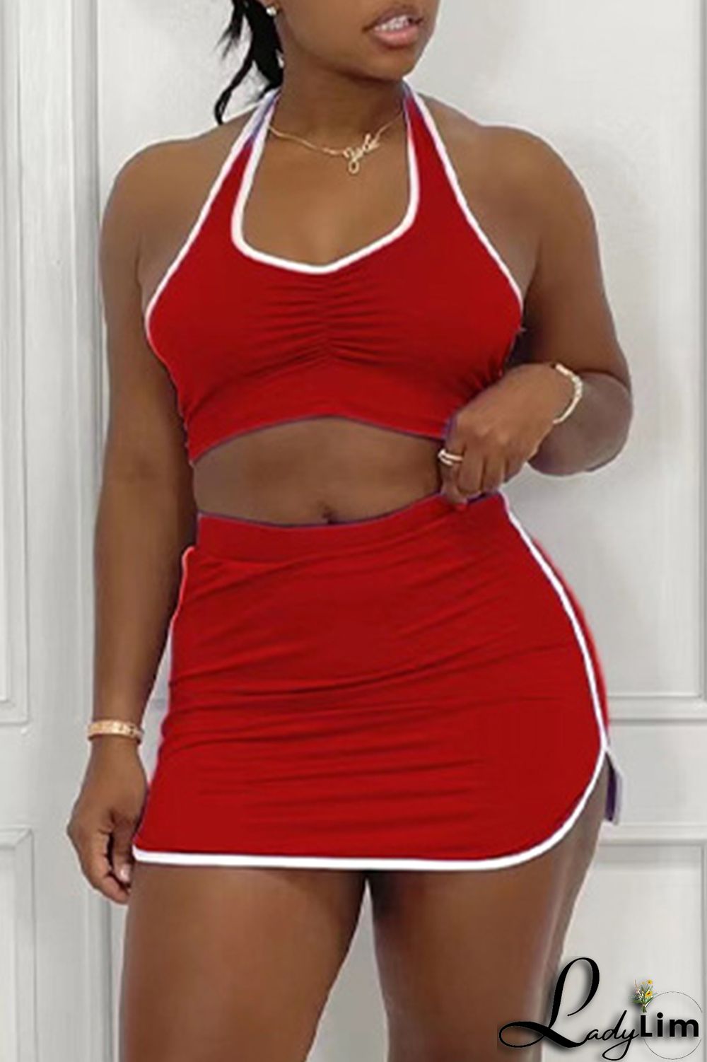 Orange Sexy Casual Solid Patchwork Backless Halter Sleeveless Two Pieces