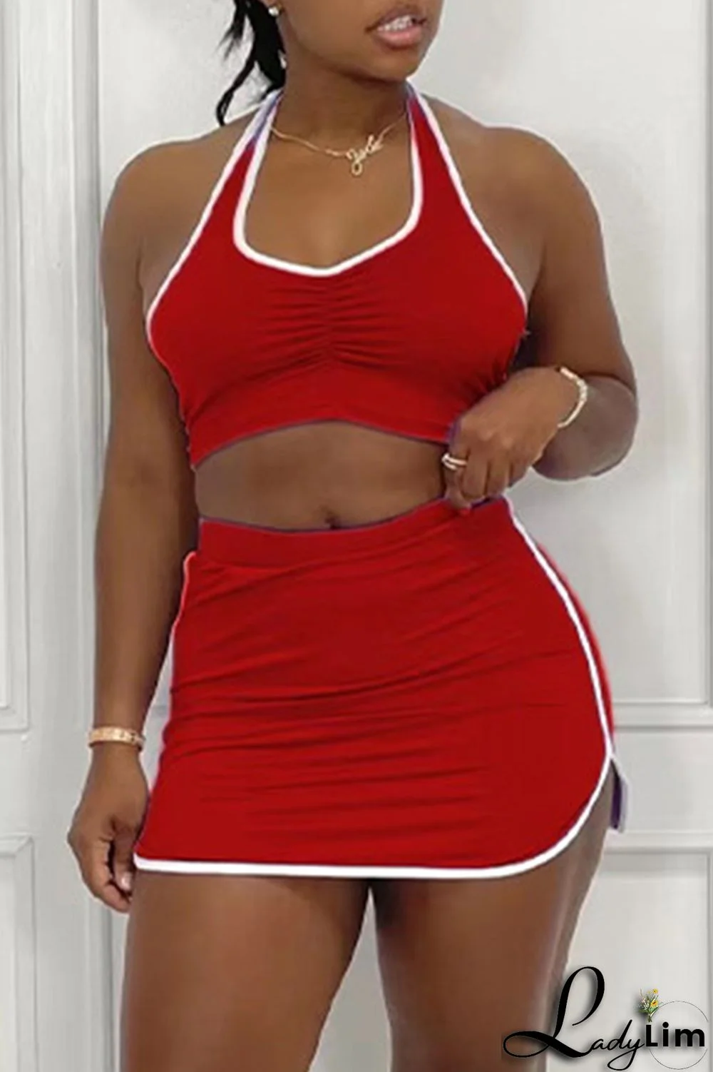 Orange Sexy Casual Solid Patchwork Backless Halter Sleeveless Two Pieces