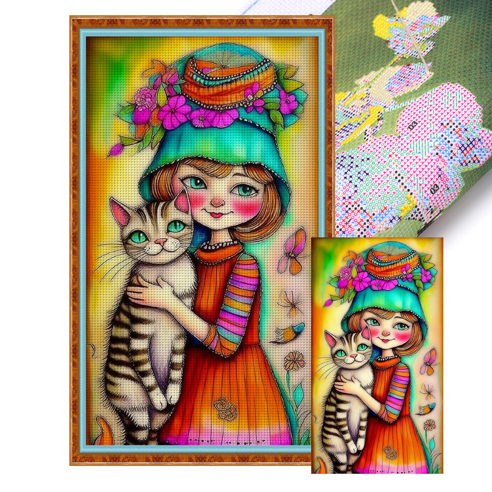 Girl And Cat Full 11CT Pre-stamped Canvas(40*70cm) Cross Stitch