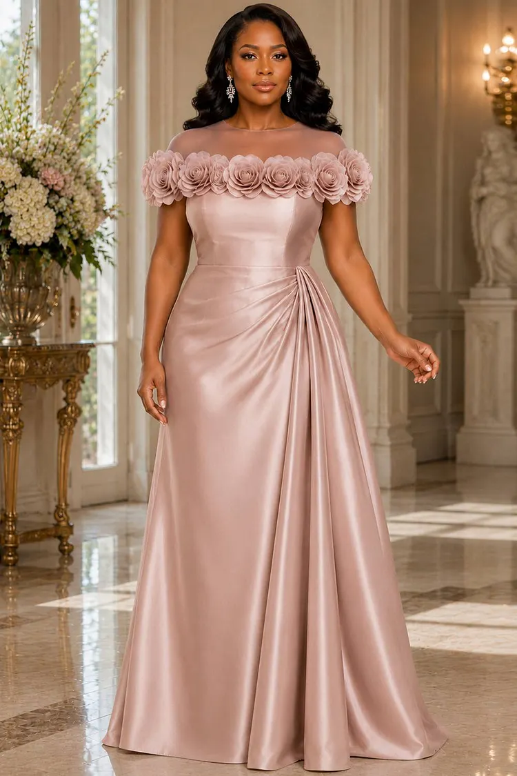 Xpluswear Design Plus Size Formal Pink Round Neck Short Sleeve 3D Fold Satin Maxi Dresses [Pre-Order] 2024 - Xpluswear