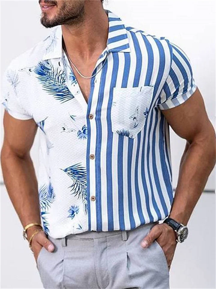 Hawaiian Striped Leaves Digital Print Men's Short Sleeve Lapel Pocket Shirt Blue Black