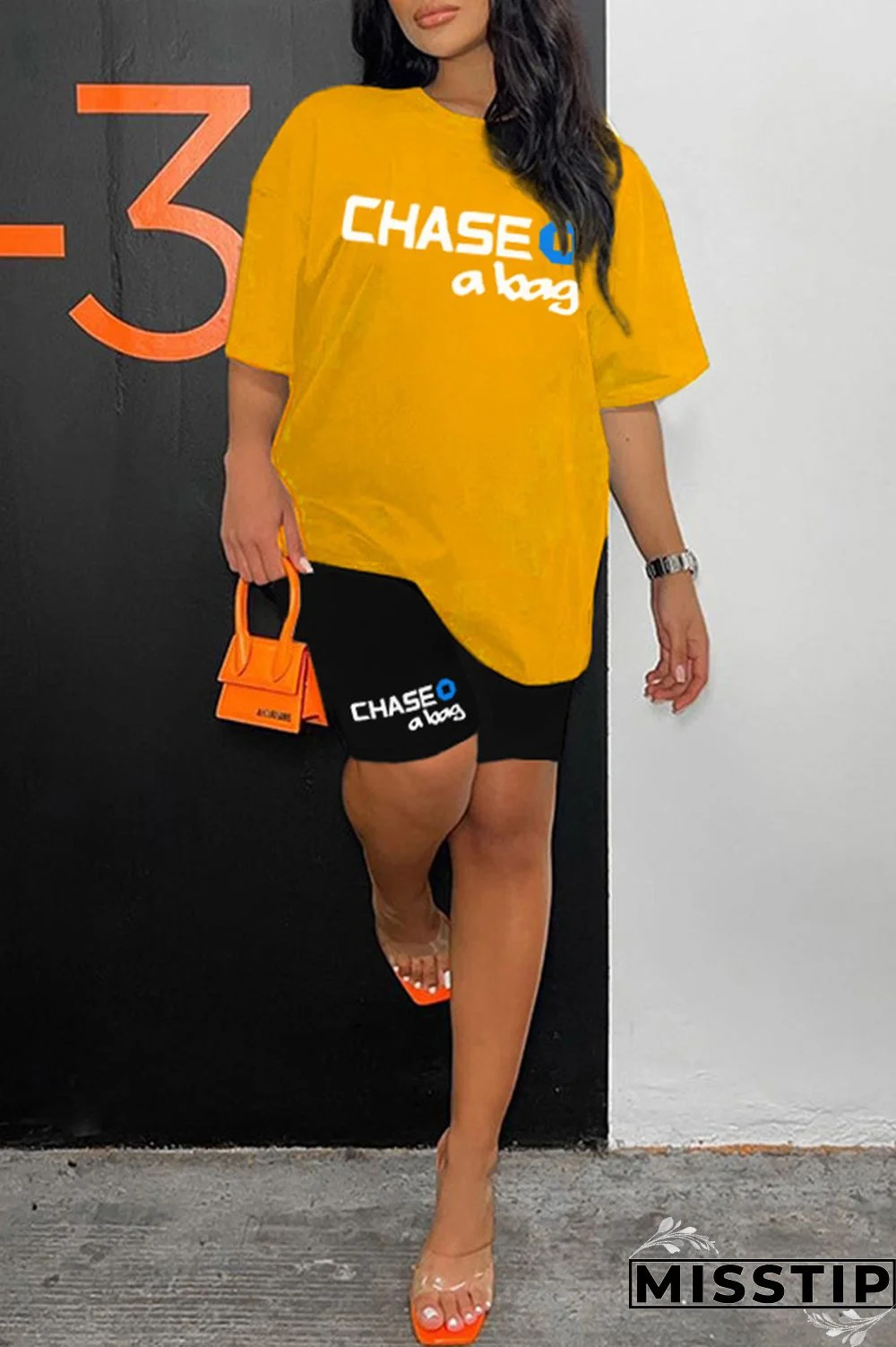 Ginger Casual Letter Print Basic O Neck Short Sleeve Two Pieces