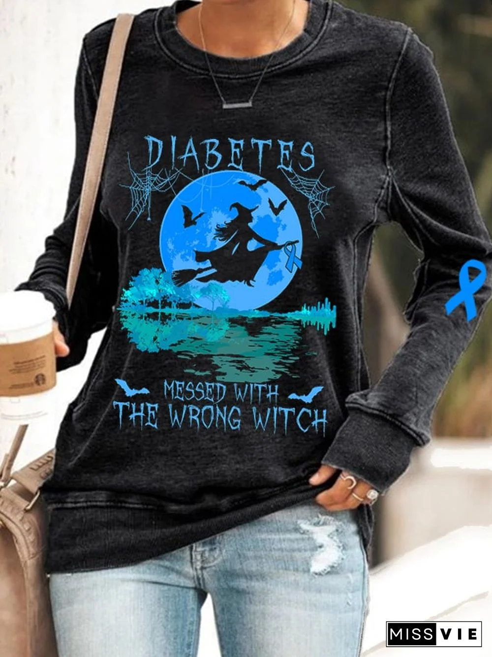 Women's Diabetes Awareness Diabetes Messed With The Wrong Witch Printed Sweatshirt