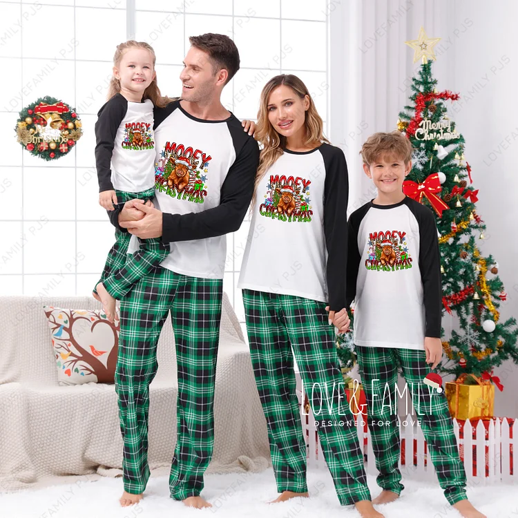 Mooey Christmas Family Matching Green Plaid Pajamas Sets