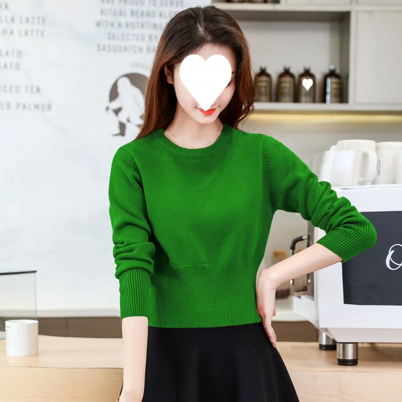 Uveng Uveng Autumn And Winter High-Waisted Short Round Neck Long Sleeves Knitted Waist Small Man Short Shirt Woman