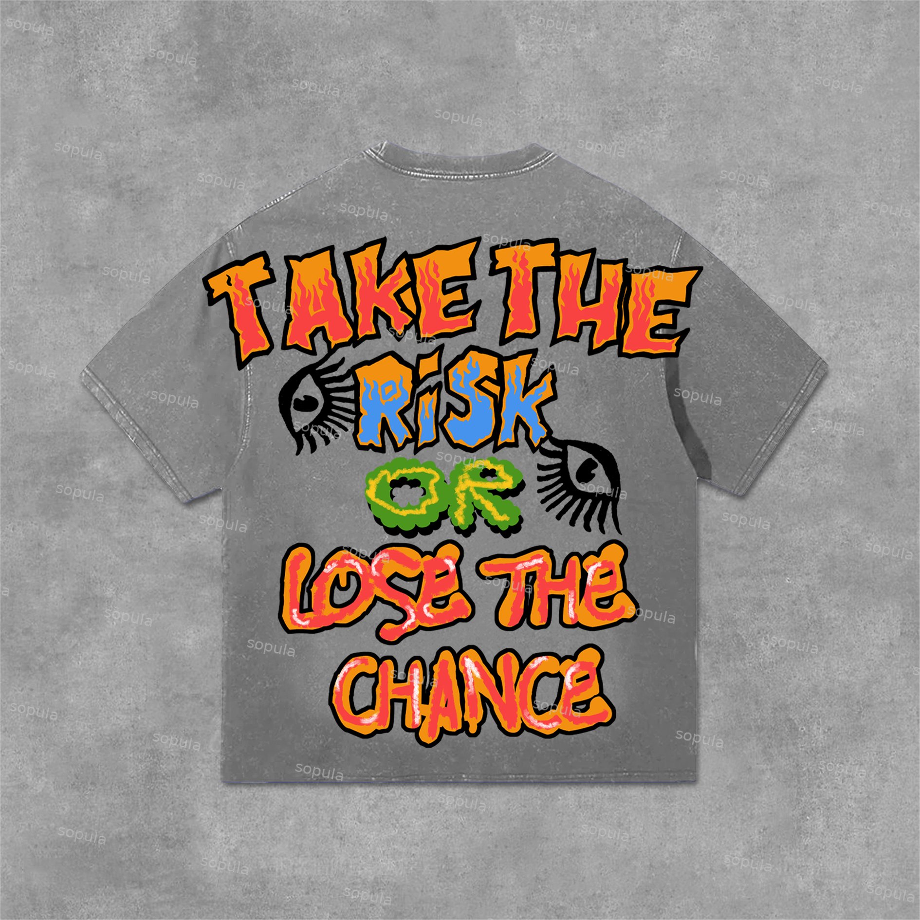  Take The Risk Or Lose The Chance Graphic Print Acid Washed T-Shirt - SOPULA