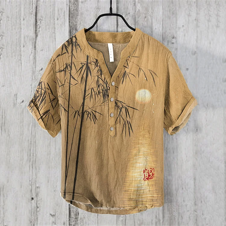 Vintage Sunset Bamboo Printed V-Neck Linen Blend Shirt