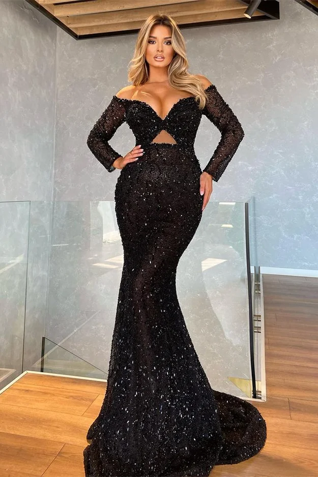 Daisda Long Sleeves V-Neck Mermaid Prom Dress Black With Sequins