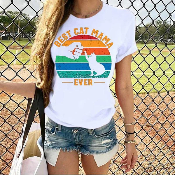 Cool Beat Cat Mama Ever Print T-shirts For Women Summer Fashion Casual Short Sleeve Round Neck Tops Ladies T-shirt