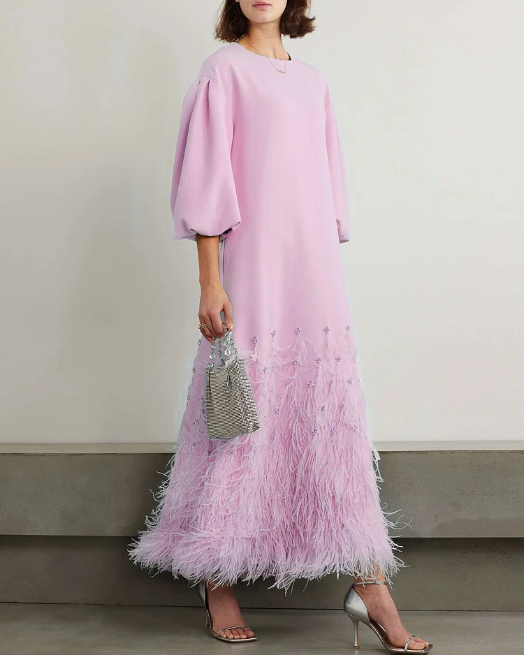 Feather-Trimmed Embellished Recycled-Crepe Gown