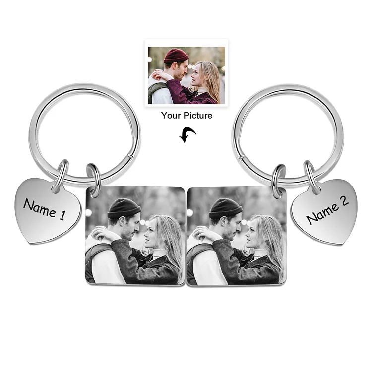 Customized Photo Couple Keychain Set Engrave Heart Matching Couple Gifts