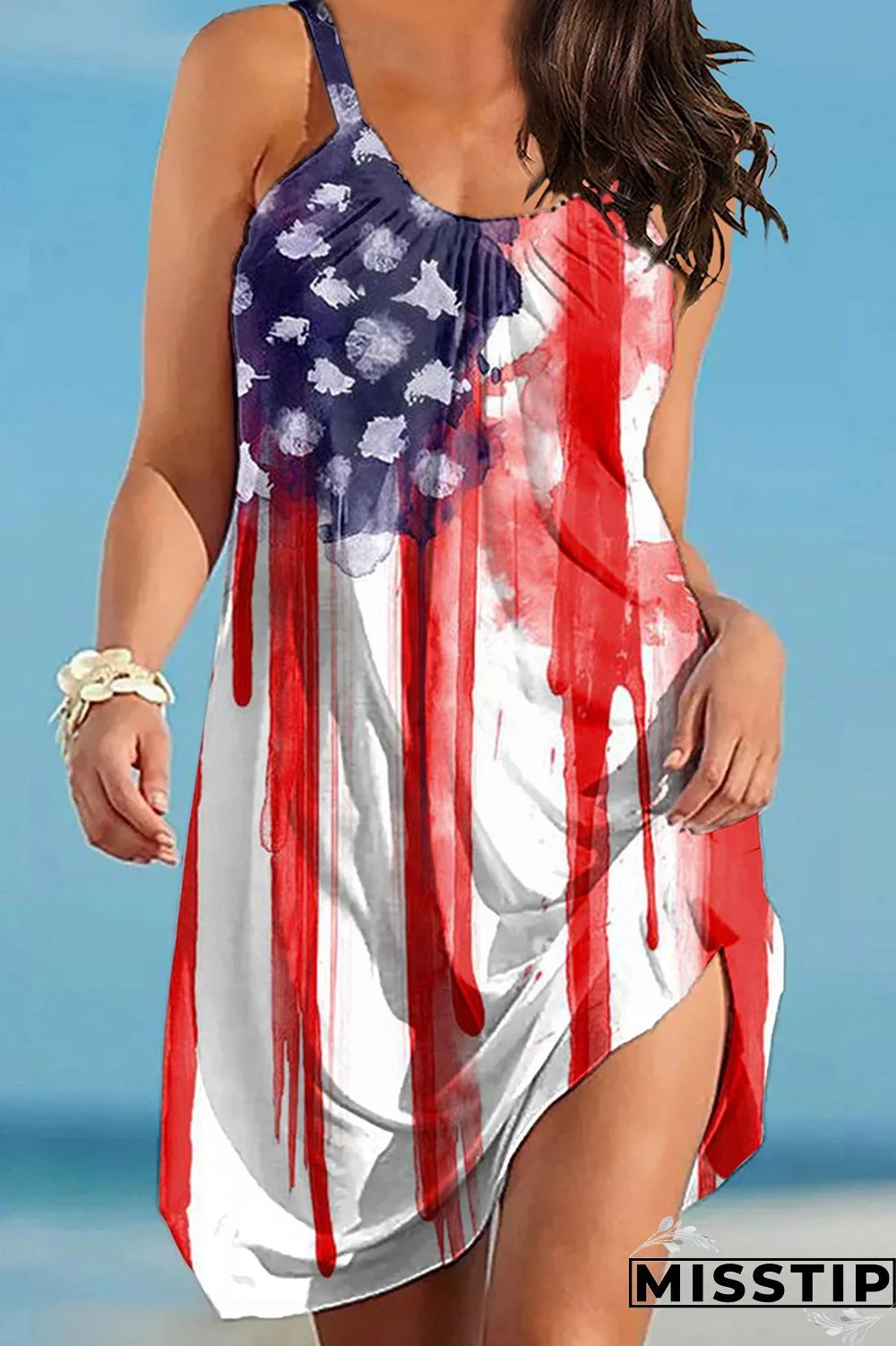 Red White Casual Print The stars Backless O Neck Vest Dress Dresses